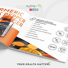 Load image into Gallery viewer, Organic Turmeric 1440mg (High Strength) with Black Pepper & Ginger - 180 Vegan Turmeric Capsules (3 Month Supply) – Organic Turmeric with Active Ingredient Curcumin - Made in The UK by Nutravita