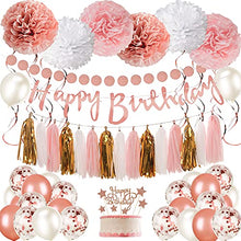 Load image into Gallery viewer, Rose Gold and Pink Birthday Party Decorations Set with Happy Birthday Banner,DIY Cake Topper,Circle Dots Garland,Hanging Swirls,Tissue Paper Pompoms,Paper Tassels Garland,Confetti Balloons