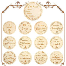 Load image into Gallery viewer, Baby Monthly Wooden Cards, 26 design 13 Pieces Newborn Milestone Baby Gift Sets Monthly Milestone Cards Baby First Year Growth Photo Picture Commemoration Props, Double Sided