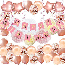 Load image into Gallery viewer, Birthday Party Decorations Rose Gold Birthday Banner Birthday Decorations for Girls and Women Including “Happy Birthday” Banner Foil Balloons Paper Pom Poms Confetti Balloon Party Supplies