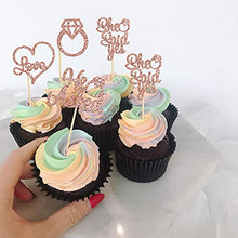 Load image into Gallery viewer, Gyufise 24Pcs Rose Gold He Asked She Said Yes Cupcake Toppers Diamond Ring Heart Cake Picks for Wedding Engagement Party Cake Decorations