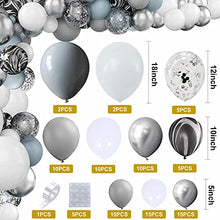 Load image into Gallery viewer, KAINSY Balloon Arch Garland Kit, 89pcs Silver Gray White Balloon Arch Kit Birthday Party Decoration, Macaron Agate Confetti Latex Balloons Set for Birthday Wedding Backdrop Decorations Party Supplies