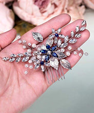 Load image into Gallery viewer, Anglacesmade Bridal Sapphire Crystal Hair Comb Pearl Blue Crystal Leaf Marquise Hair Piece Prom Party Festival Wedding Hair Accessories for Women and Girls (Silver)