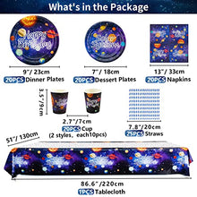 Load image into Gallery viewer, 226 PCS Outer Space Party Supplies - Solar System Planet Balloon, Happy Birthday Banner, Hanging Swirls, Cake Topper, Plates, Napkins, Cup, Tablecloth for Boy Kid Party Decorations, Serves 20 Guest