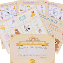 Load image into Gallery viewer, Baby Shower Games. 4 Games Party Pack: Bingo, Charades, Quiz, Trivia + Winners Certificate. Party supplies for 20 people.