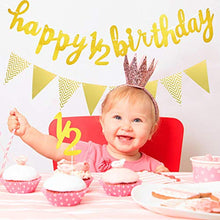 Load image into Gallery viewer, 6 Months Banner Happy Birthday Banner Happy 1/2 Birthday Banner Glitter 1/2 Half Year Cake Topper Triangle Flag Banner for Half Year Baby Shower Birthday Party Decoration, Pre-Strung (Gold)