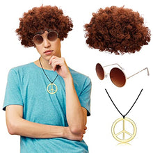 Load image into Gallery viewer, Dacitiery 3 Pcs Hippie Costume Set, Funky Afro Wig VintageSunglasses and Peace Sign Necklace Fancy Dress Hippy Accessories for60s/70s Theme Party( Brown)