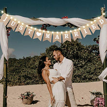 Load image into Gallery viewer, Just Married Burlap Banner, Wedding Bunting Banner with LED Fairy String Light 8 Flicker Mode, Hanging Sign Garland Pennant Photo Booth Props for Bridal Shower Wedding Engagement Car Party Decoration