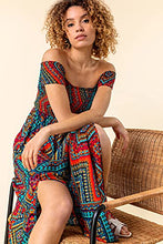 Load image into Gallery viewer, Roman Originals Women Floral Shirred Bardot Maxi Dress - Ladies Summer Holiday Beach Casual Everyday Comfort Relaxed Loose Fitting Elasticated Off Shoulder Floor Length Dress - Multi - Size 16