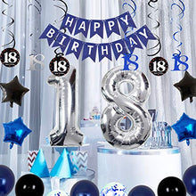 Load image into Gallery viewer, 18th Birthday Decorations Navy Blue for Boys Mens Girls, Party Decorations with Swirl Decoration 18th Happy Birthday Banner and Star Foil Balloons Confetii Latex Blue Balloons for Party Supplies