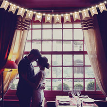 Load image into Gallery viewer, Just Married Burlap Banner, Wedding Bunting Banner with LED Fairy String Light 8 Flicker Mode, Hanging Sign Garland Pennant Photo Booth Props for Bridal Shower Wedding Engagement Car Party Decoration