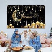 Load image into Gallery viewer, Eid Mubarak Backdrop Banner, Black Gold Eid Mubarak Sign Banner with Stars Moon Mosque, Extra Large Fabric Muslim Ramadan Photo Booth Wall Background Decorations for Islamic Al-fitr Festival Party