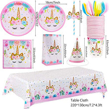 Load image into Gallery viewer, 176 PCs Unicorn Party Supplies Birthday Decorations Paper Plates Cups Napkins Straws Reusable Cutlery Table Cloth Bags Hats Backdrop Banner Balloons Unicorn Party Decorations for Girls 16 Guests