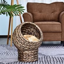 Load image into Gallery viewer, PawHut Woven Banana Leaf Elevated Cat Bed Wicker Kitten Basket Pet Den. House Cozy Cave with Soft Cushion Dome 42x33x52cm Grey