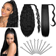 Load image into Gallery viewer, 2Pack Long Ponytail Extension 22 Inch Wrap Around Straight Ponytail Magic Black Corn Wave Curly Ponytail Hairpiece for Women (1B#, Straight+Corn Wave)