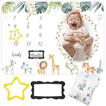 Load image into Gallery viewer, Baby Milestone Blanket for Boys Girls, Monthly Fleece Mat Large Animal Printed Growth Soft Comfortable Blankets with 2 Felt Photo Frame 40x55 Inches