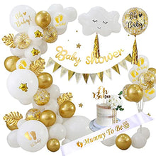 Load image into Gallery viewer, Baby Shower Decorations Boy or Girls, White and Gold Baby Shower Decorations with Mummy to be Sash, Baby Shower Banner, Printed Balloons and Oh Baby Cake Topper, Gold Gender Reveal Decorations