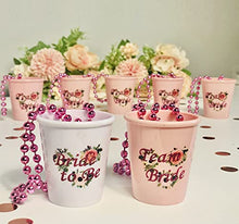 Load image into Gallery viewer, Blue Planet Fancy Dress 6 Team Bride Shot Glasses Cups 1 Bride to Be Shot Glass Cup Plastic Hen Party Beaded Necklace Light Pink White Rose Gold Floral (6 Team Bride, 1 Bride to Be)