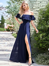 Load image into Gallery viewer, Ever-Pretty Women's Off The Shoulder Elegant Empire Waist A-Line Chiffon Long Party Dresses with Thigh High Slit Navy Blue 18UK