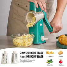 Load image into Gallery viewer, WellToBe Rotary Cheese Grater with a Free Peeler - Vegetable Slicer Cheese Shredder with 5 Stainless Steel Interchangeable Blades - Strong Suction Base & Durable Chute & Easy to Clean