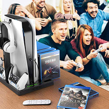 Load image into Gallery viewer, Benazcap PS5 Console Stand Accessories with Cooling Fan and PS5 Controller Charging Dock,Multifunctional Vertical Stand with Controller Charging Station,With 15 Pcs Game Discs Storage,Black