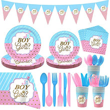 Load image into Gallery viewer, Heboland Gender Reveal Party Supplies Tableware Set, 16 Guests Boy or Girl Plates Napkins Tablecloth Cups Knives Forks Spoons Banner Decorations