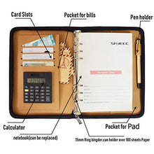 Load image into Gallery viewer, Gift for Men,SAYEEC A5 Executive Conference Folder Travel Portfolio Ringbinder Folio Zip Around PU Leather Loose Leaf Refillable Lined Paper Business Notebook Zipped Organiser with Calculator(Brown)