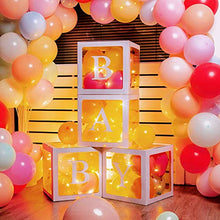 Load image into Gallery viewer, Baby Shower Boxes Party Decorations with 4 Warm White Fairy Lights and 32 Balloons, 4 PCS Transparent Boxes Baby Shower Blocks for Girls Boys Baby Shower Decorations ()