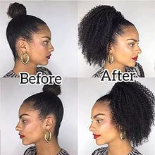 Load image into Gallery viewer, Afro Kinky Curly Ponytail Human Hair Kinky Curly Drawstring Ponytail Extension for Black Women Wrap Drawstring Ponytail Hairpiece Thick with Clip in Binding Pony Tail Natural Color(14 Inch)