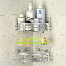 Load image into Gallery viewer, STEUGO Shower Corner Caddy, Bathroom Corner Shower Shelf, Adhesive Wall Mounted Shower Shelving with 4 Movable Hooks, SUS304 Stainless Steel Bath Storage Organizer, 2 Pack