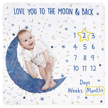 Load image into Gallery viewer, Taobeibei Milestone Mat Boy/Girl for Pictures, Baby Monthly Milestone Blanket design by UK, Track Growth & Age, Soft Thick Flannel Blanket 120x120cm 300 Gram weight (Blue Moon)…