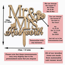 Load image into Gallery viewer, My Pretty Little Gifts Personalised Oak Wooden Wedding/Anniversary Cake Topper/Perfect for a Wedding or Anniversary Party Decoration