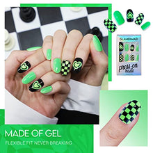 Load image into Gallery viewer, Press on Green Nails Medium Short Almond, Neon Green Acrylic Oval Fake Nails with Checkerboard Design Stick Glue on Nails 24PCS Reusable False Nail Tips with 48Pcs Adhesive Tabs Nail File, Cuticle Stick, Gift for Girlfriend/Women GLAMERMAID