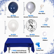 Load image into Gallery viewer, Navy Blue Balloons Arch Garland Kit, Navy Blue White Balloons Metallic Silver Balloons Navy Blue Tablecloth Silver Confetti Balloons for Birthday Wedding Party Decorations
