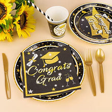 Load image into Gallery viewer, OurWarm Black Gold Graduation Party Supplies 2022, Graduation Party Tableware Including Tablecloth Banner Paper Party Plates Cups Straws Napkin Dinnerware Set for Graduation Decoration - for 24 Guests
