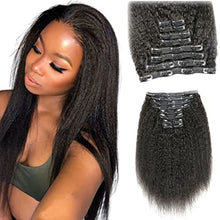 Load image into Gallery viewer, 120g 10Pcs Kinky Straight Clip In Hair Extensions,Remy Human Hair 20inch Coarse Yaki Straight Clip In Full Head #1B Natural Black Real Human Hair Extensions Clip Ins