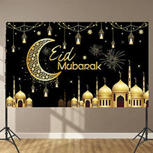 Load image into Gallery viewer, Eid Mubarak Backdrop Banner, Black Gold Eid Mubarak Sign Banner with Stars Moon Mosque, Extra Large Fabric Muslim Ramadan Photo Booth Wall Background Decorations for Islamic Al-fitr Festival Party