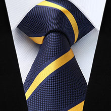 Load image into Gallery viewer, HISDERN Striped Wedding Tie Handkerchief Men's Necktie & Pocket Square Set (Yellow & Navy)
