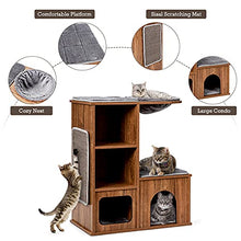 Load image into Gallery viewer, COSTWAY Cat House, Kitten Activity Centre with Sisal-Covered Scratching Mat, Condo & Basket Lounger, Wooden Cats Furniture Climbing Tower, 69 x 39 x 81cm
