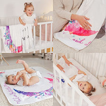 Load image into Gallery viewer, Baby Milestone Blanket | Monthly Photo Mat for Boy or Girl, Unisex | Moon & Flowers Theme | Personalised Baby Shower Present for New Mums | Age Mat | Soft & Comfortable | Includes Coloured Frames