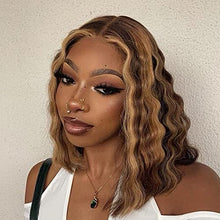 Load image into Gallery viewer, Highlight Human Hair Lace Front Wigs Deep Wave #4/27 Ombre Paino Colored Glueless Wigs Pre Plucked 13x4 Lace Frontal Wig Curly Water Wave Lace Wig Honey Blonde Real Human Hair 180% Density(10 Inch)