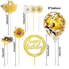 Load image into Gallery viewer, iZoeL Gold Birthday Cake Decoration Happy Birthday Cake Topper Paper Fans Banner Confetti Balloon Fireworks Golden Cupcake Topper for Gold Theme Party Decor Girl Boy Kid Women Man (Gold)