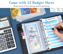 Load image into Gallery viewer, Housolution A6 Budget Binder with Cash Envelopes, PU Leather Notebook Binder Budget Planner 6-Ring Binder Cover with 12 Clear Binder Envelopes Pockets, 12 Expense Budget Sheets & Labels, Black