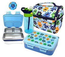 Load image into Gallery viewer, Stainless Steel Bento Box, Lunch Bag and Water Bottle Set for Toddlers. Snack Container for Small Kids, Baby Boys, Toddler Daycare or Pre-School Lunches. Blue Mini Monster