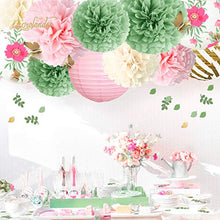Load image into Gallery viewer, NICROLANDEE Butterfly Party Decorations -12PCS Green Pink Blooms Tissue Pom Poms Paper Lantern 3D Gold Confetti 50G for Garden Birthday Party, Fairy Party, Wedding, Baby Shower, Holiday, Home Decor