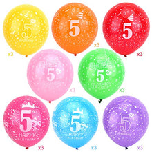 Load image into Gallery viewer, HOWAF 5th Birthday Balloons, Pack Of 24 5th Birthday Decorations Multicoloured Party Balloons Printed Latex Balloons & 2 Ribbons for kids Happy Birthday Party Decorations Girls Boys - 12 inch(Age 5)