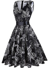 Load image into Gallery viewer, ihot Women's Vintage 1950s Classy Rockabilly Retro Floral Pattern Print Cocktail Evening Swing Party Dress, 28-v Neck Black, XL
