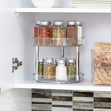 Load image into Gallery viewer, iDesign 56600 Rack with 2 Tiers, Small Plastic Cupboard Storage Condiments, Rotating Spice Jars Holder for Kitchen and Pantry, Clear, 23 cm