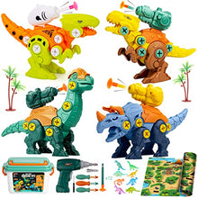 Load image into Gallery viewer, Dinosaur Toys for Boys, SPLAKS 4-Pack Dinosaur Construction Toys Boys Toys with Storage Box Electric Drill Soft Arrows, Educational STEM Toys Gift for Kids Age 3-6