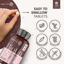 Load image into Gallery viewer, Biotin Hair Growth Supplement 12000mcg - 365 Biotin Tablets (Vitamin B7) - 1 Year Supply - Skin Hair Nail Vitamins for Women & Men - Vegan Biotin Vitamins - Non-GMO & Gluten Free - Made in The UK